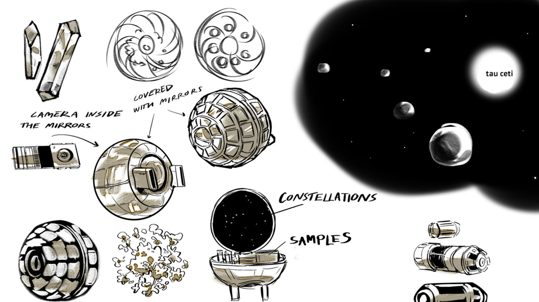 Drawings of a small device that can be sent out to space carrying a sample of molecules and a map of constellations visible from Earth.