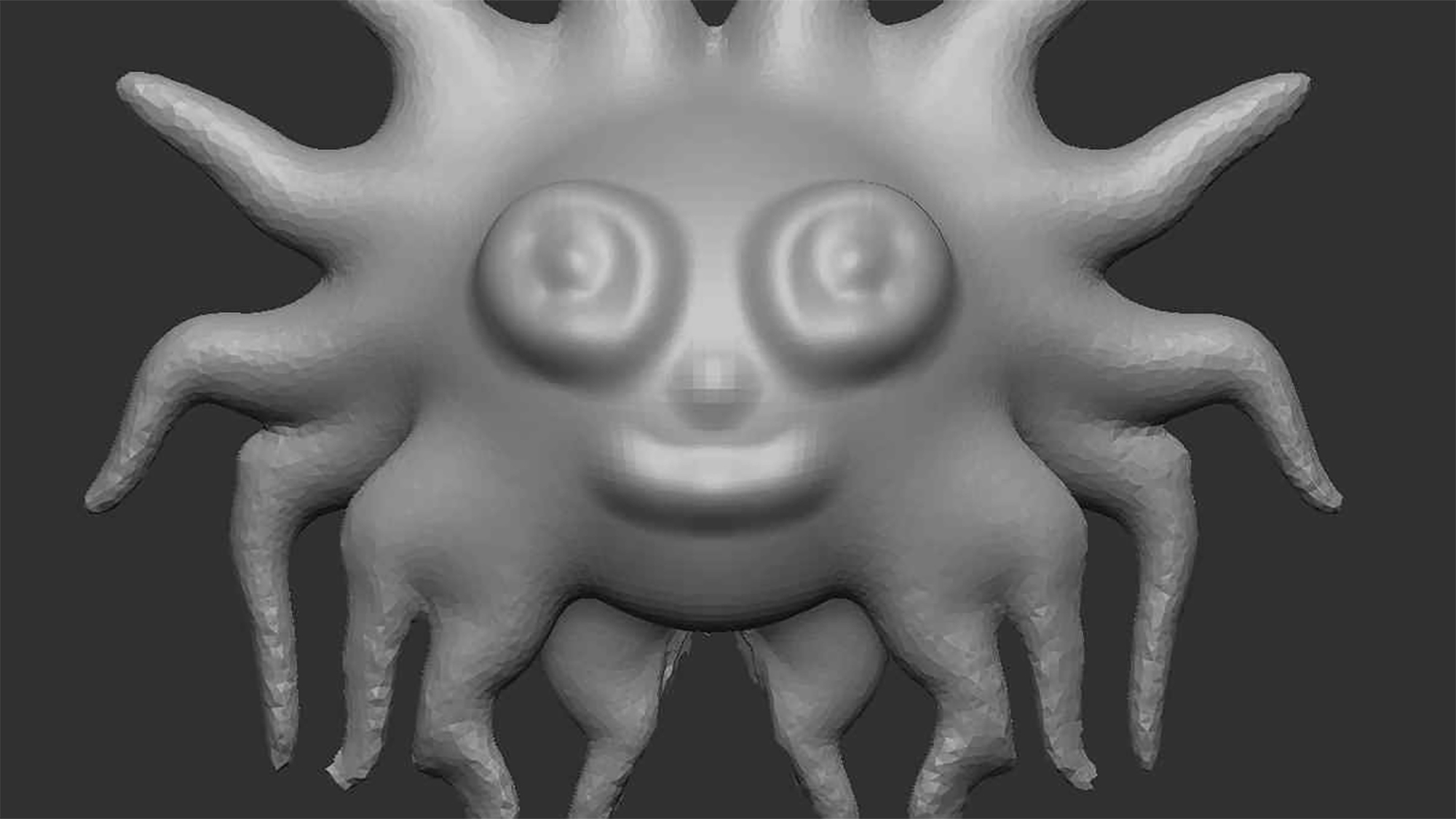 Egy renderelt 3D-s fantázialény mosolyog. A barátságos arcot körülvevő csápok a nap ábrázolására emlékeztetnek.