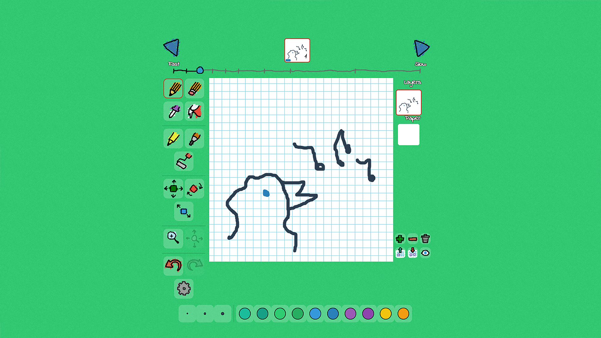 Das abgebildete Interface zeigt, wie ein digital gezeichneter Vogel Noten zwitschert, auf einem karierten Hintergrund. Um die Arbeitsfläche mit der Zeichnung sind verschiedene Arbeitswerkzeuge und Befehle der Applikation abgebildet.
