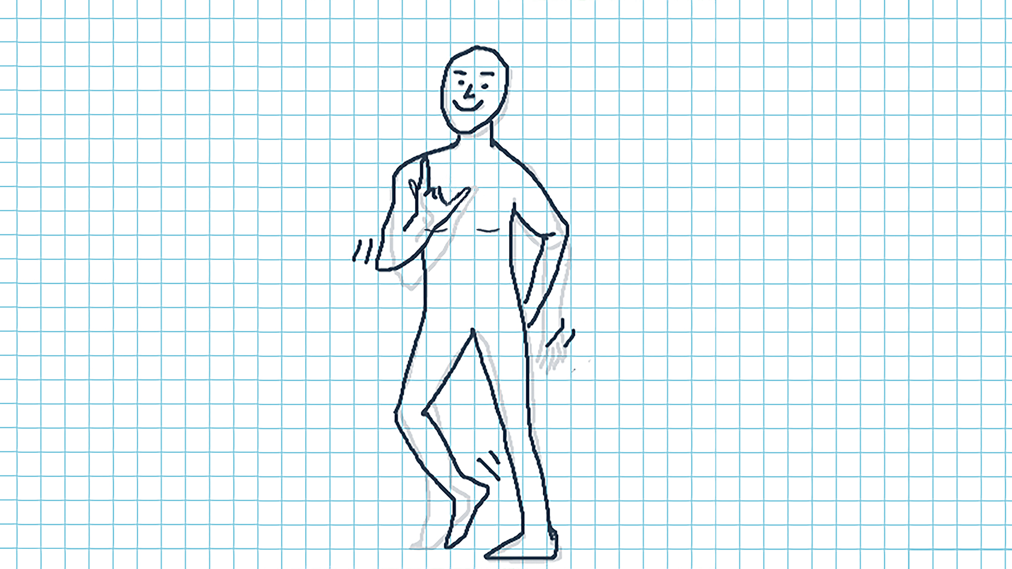 De afbeelding toont een schets van een staande persoon die een rock-’n-roll-beweging maakt. De linkerhand is verborgen achter de rug, één been is in beweging. Lijnen rond de figuur benadrukken de beweging.