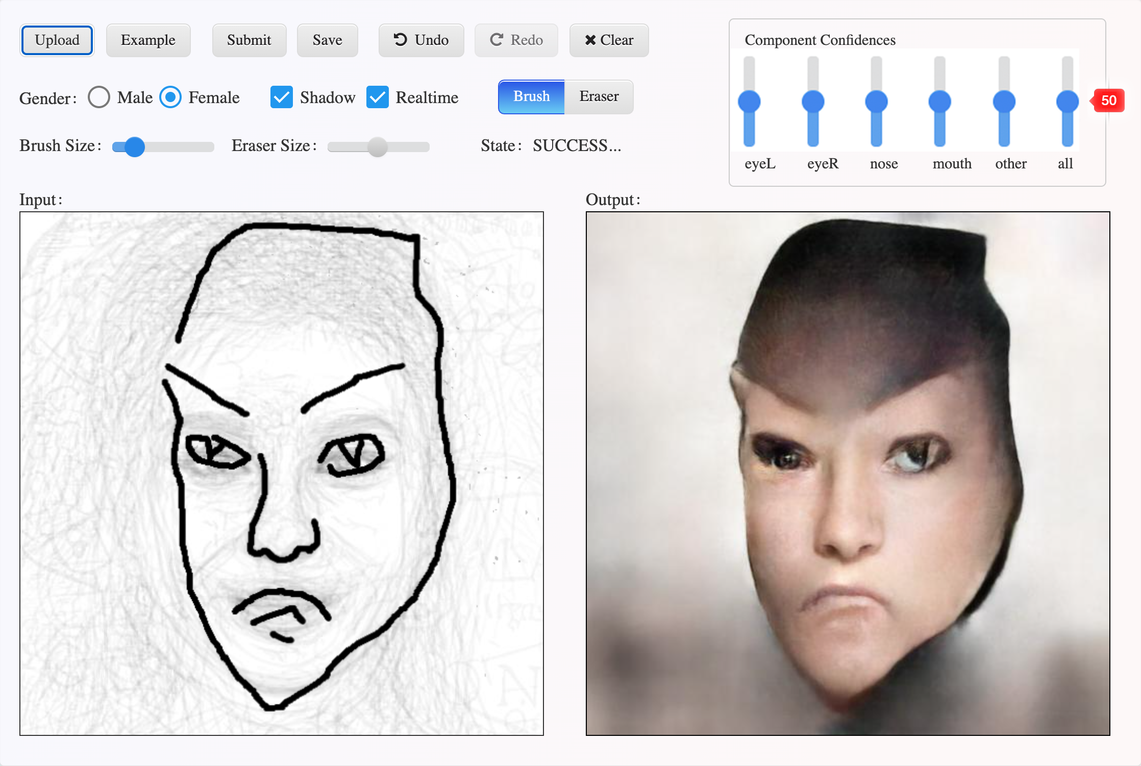 A kép ketté van osztva. A bal oldalán egy arc külső formájának és két szemnek a rajza látható. Jobbra egy mesterséges intelligencia által generált kép arról, hogyan nézhet ki a rajzolt személy igazolványképe.