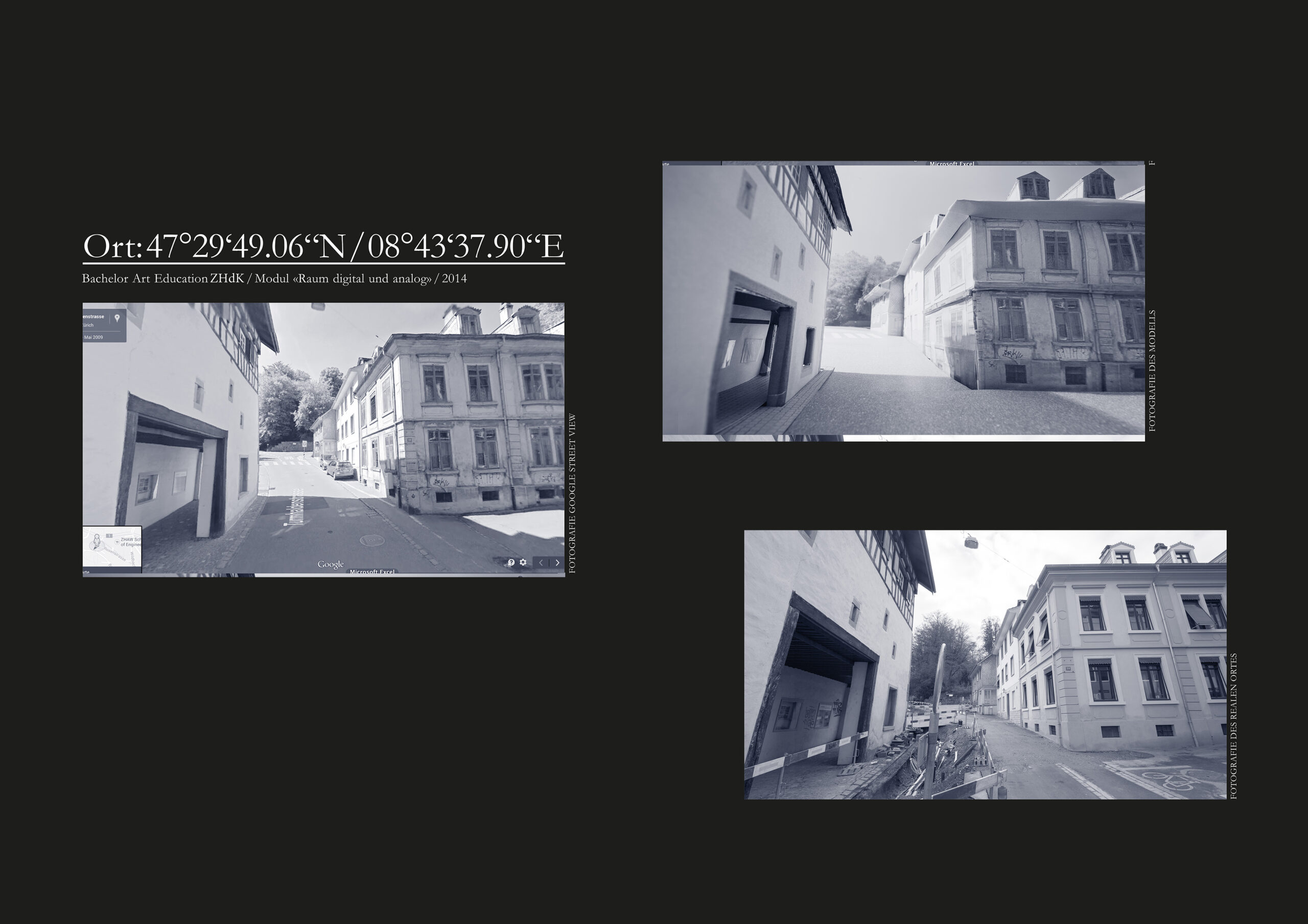 Három fekete-fehér fotó egy üres utcarészletről, különböző napszakokban. Több épület látható.