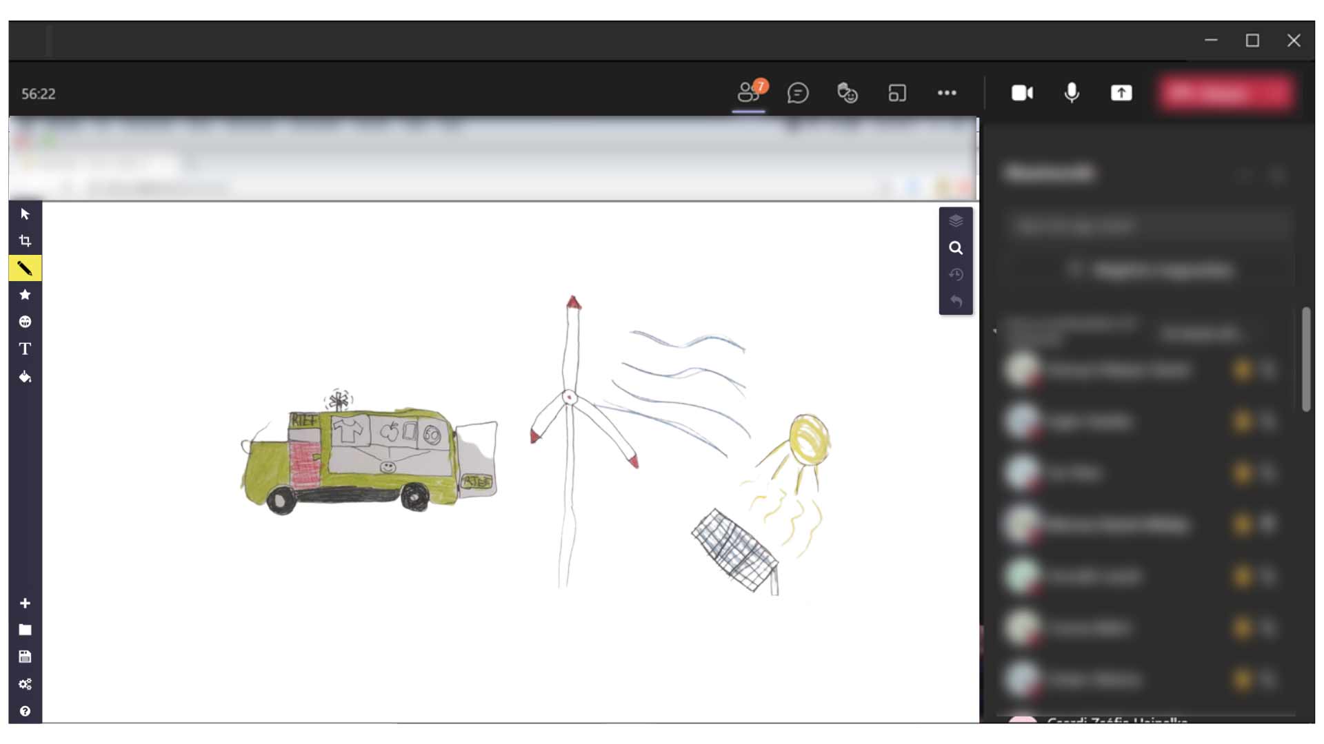 In addition to the blurred user interface of the software, the following three drawings are arranged on the drawing sheet: Left, a yellow vehicle with a red door, on which a T-shirt, an apple, a smiley and other unclear elements are drawn. Middle, a wind turbine, with wind lines coming from the right. Right, a yellow sun, with yellow heat lines streaming towards the solar panels outlined below. 
