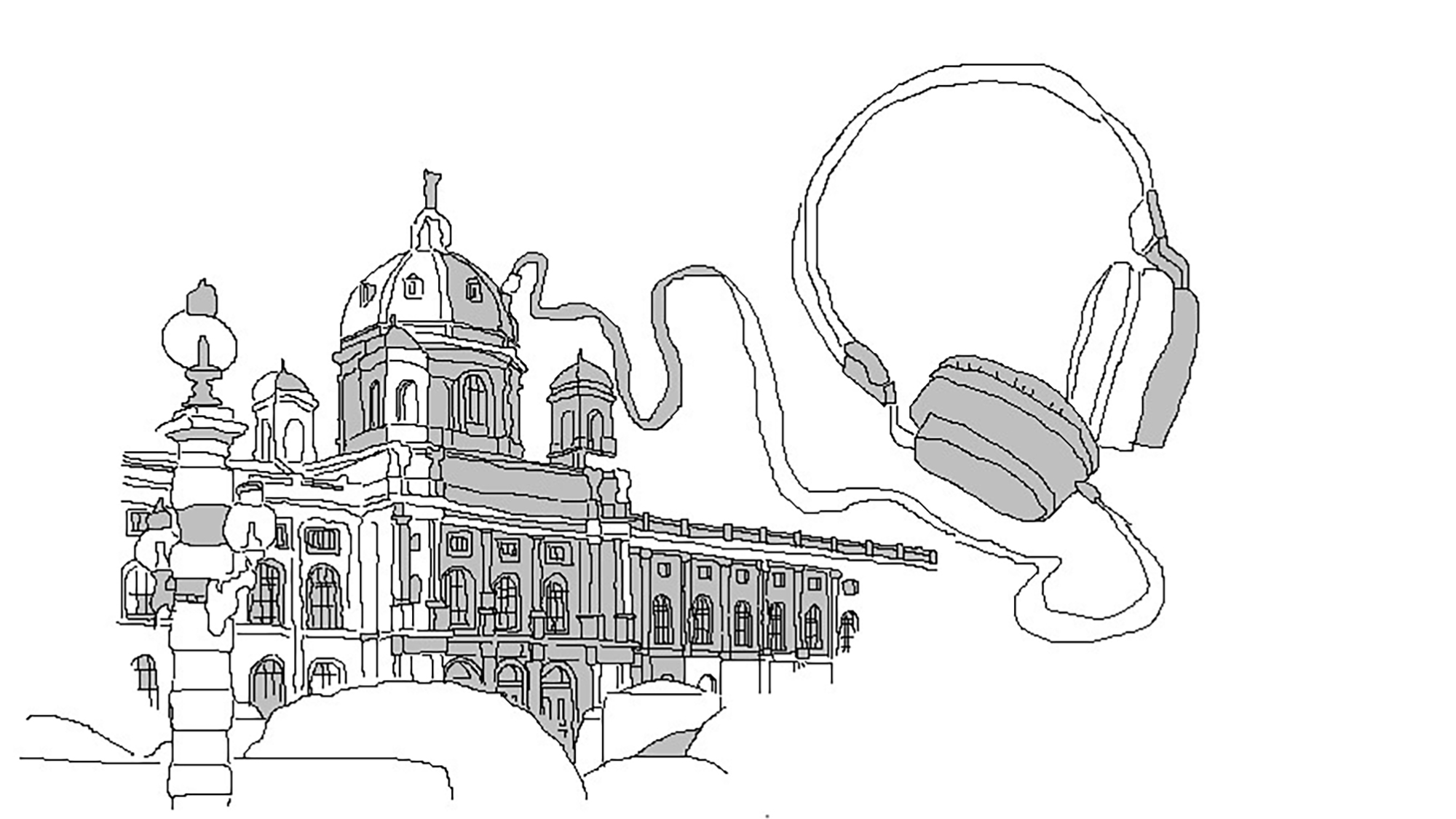  Op een pentekening is het Kunsthistorisches Museum in Wenen versierd met een ervoor zwevende, bovenmaatse koptelefoon die via een audiokabel met het museum is verbonden. 