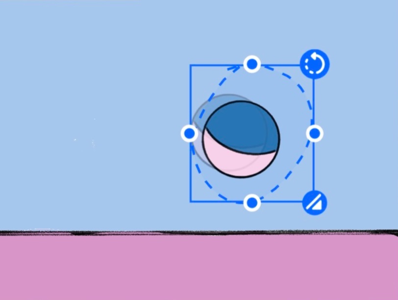 Das Bild zeigt einen mit Animation-Desk erstellten Ball, vor einem schlichten Hintergrund. Der Ball wird gerade mithilfe des Ausschneidewerkzeuges verschoben. Dadurch wird ein Effekt von Bewegung erzielt.