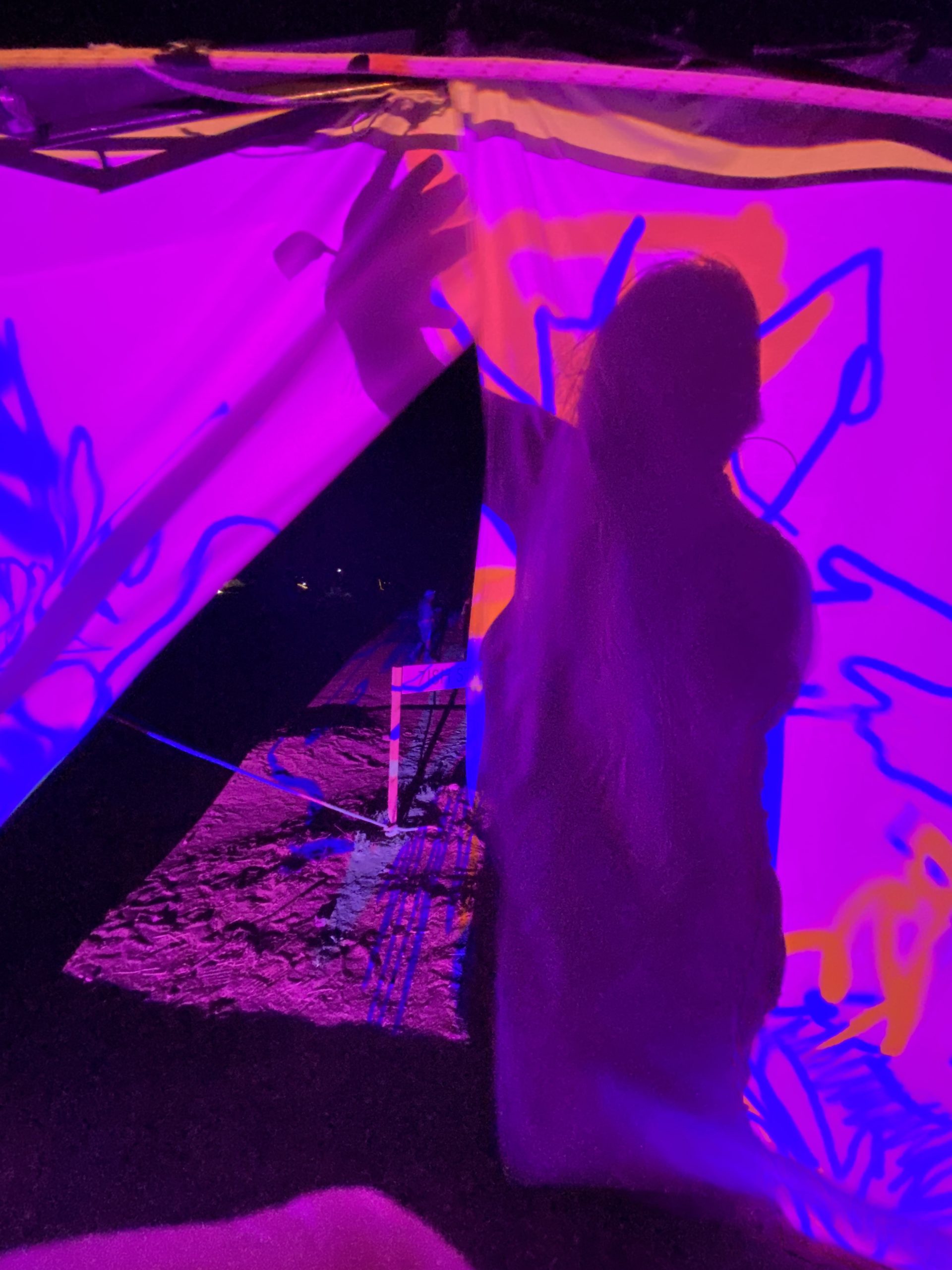 A silhouette of a person standing behind a fabric screen, illuminated with vibrant pink, orange, and blue light projections. The colorful patterns create a dynamic overlay on the screen, while the background shows a dark outdoor setting with faintly visible ground textures.
