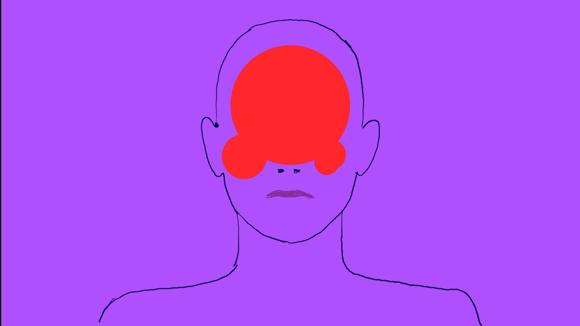 A minimalist illustration of a head and shoulders on a solid purple background. The face is overlaid with a bold, abstract red shape that partially obscures the eyes and nose, creating a striking visual contrast.
