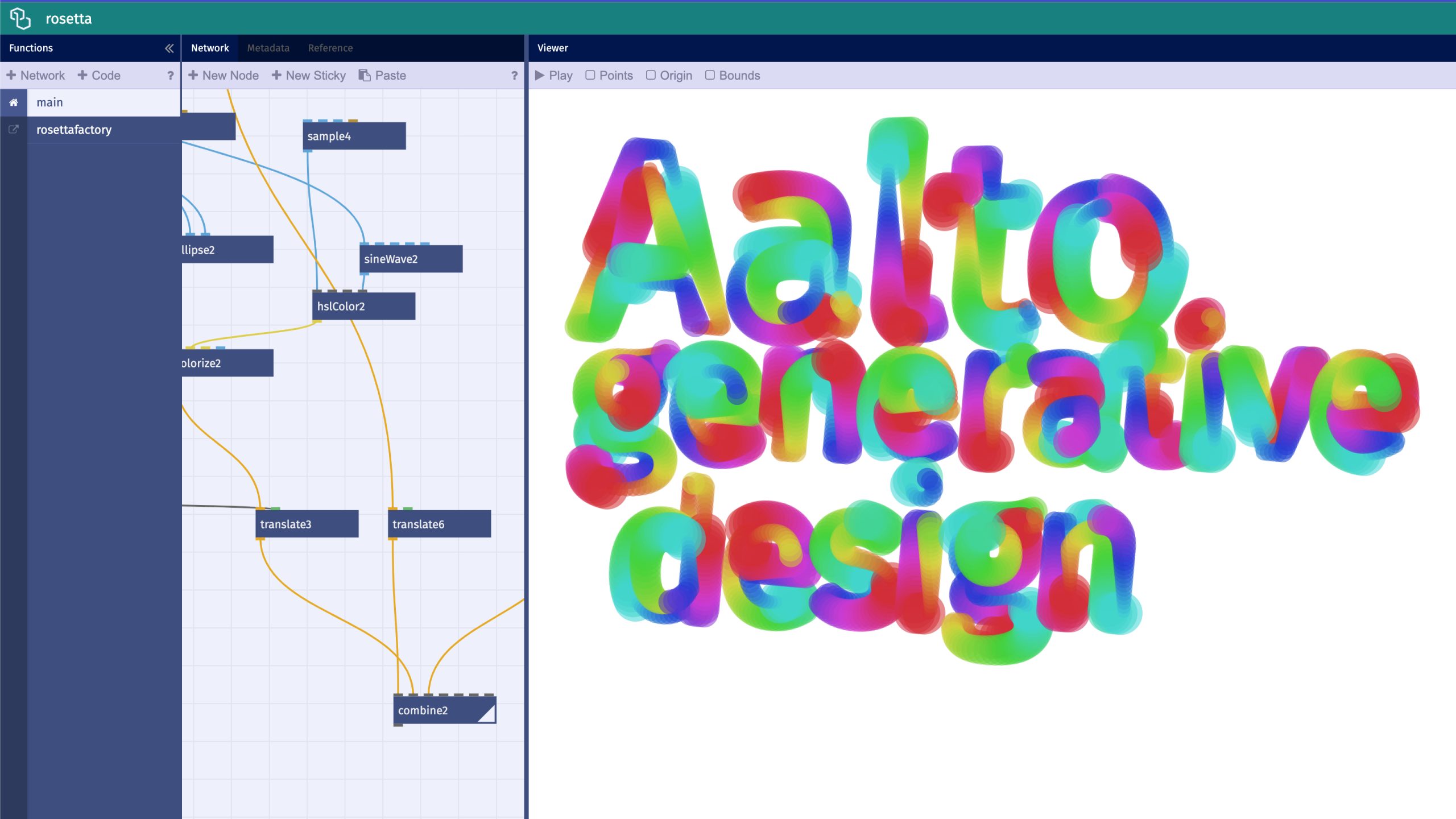 Een gebruikersinterface van een generatief ontwerptool met een kleurrende 3D-tekstweergave die 