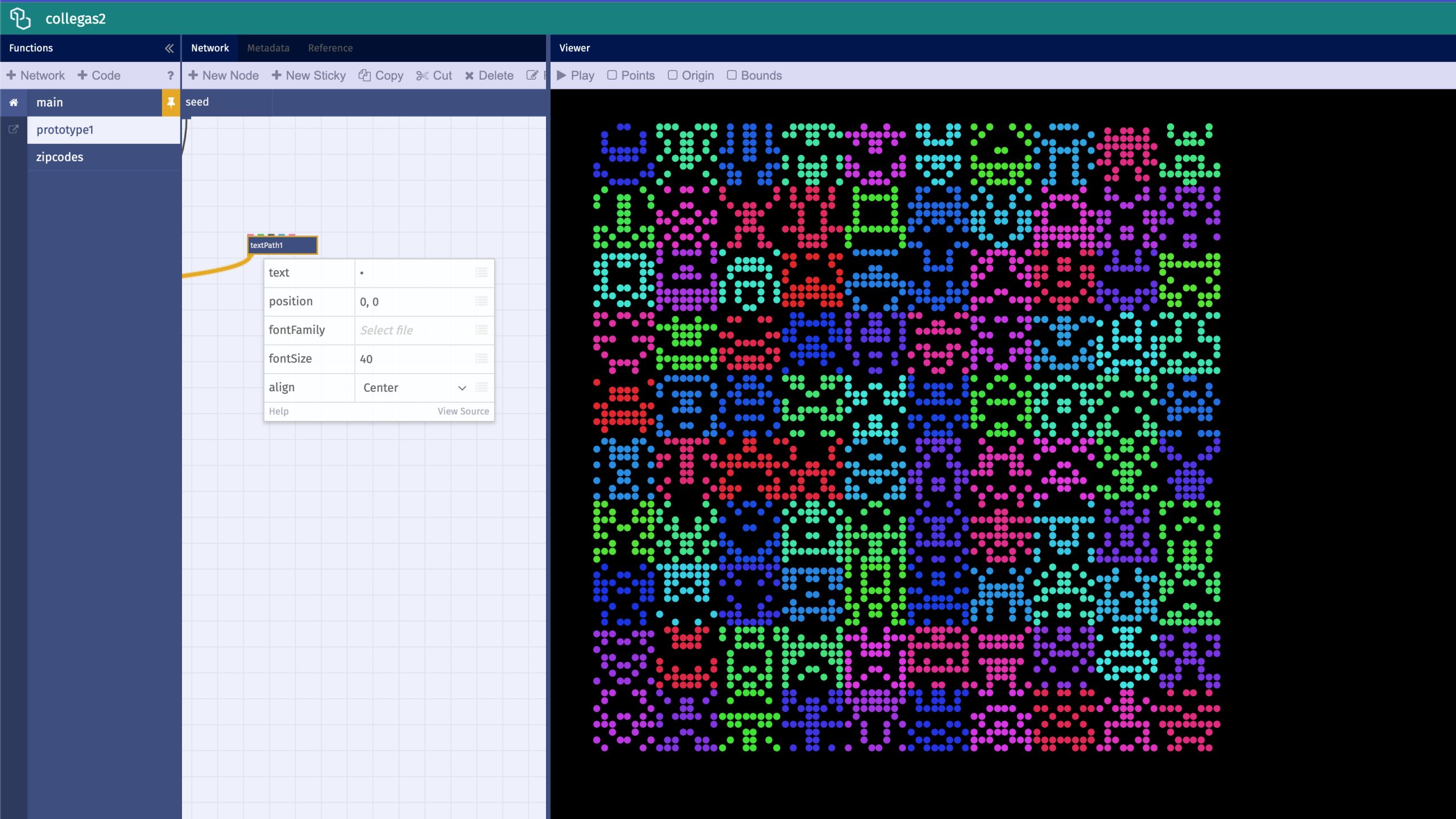 Een gebruikersinterface van een generatieve kunsttool met een kleurrijk pixelpatroon aan de rechterkant. Het patroon bestaat uit levendige stippen in roze, groen, blauw en rood, die abstracte en symmetrische vormen vormen op een zwarte achtergrond. Aan de linkerkant toont een codepaneel een knooppunt met de naam 