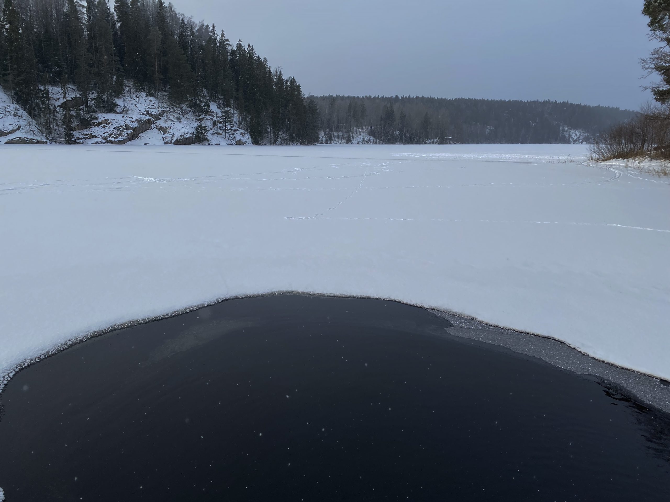 Een sereen winterlandschap met een bevroren meer, omringd door met sneeuw bedekte bomen en rotsachtige kliffen. Op de voorgrond bevindt zich een donker, open stuk water dat contrasteert met het witte ijs, wat diepte en visuele interesse toevoegt aan de scène. De sfeer is kalm, met een zachte grijze lucht erboven.