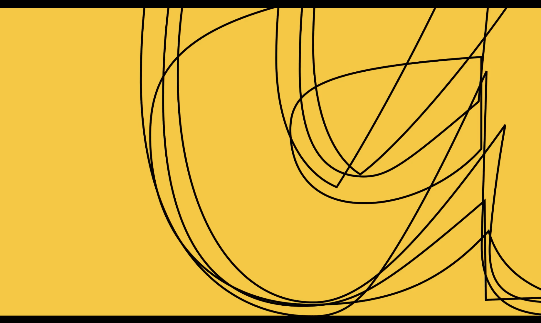 A bright yellow background with abstract black curved lines drawn across the image. The lines intersect and form flowing, organic shapes, giving the design a dynamic and artistic appearance. The image has black borders at the top and bottom.