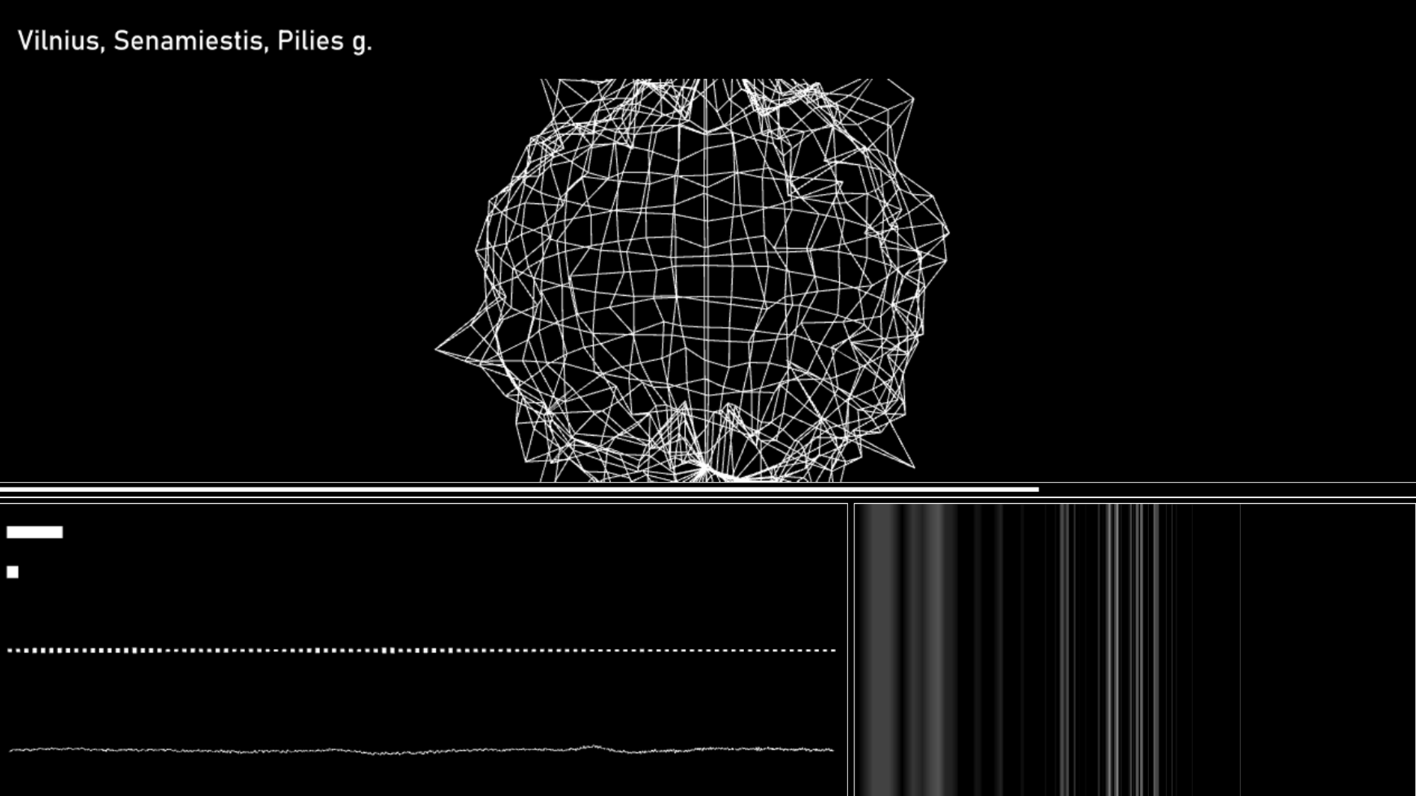 A black background with a 3D wireframe object resembling a sphere made up of interconnected white lines. Above the sphere, text reads 