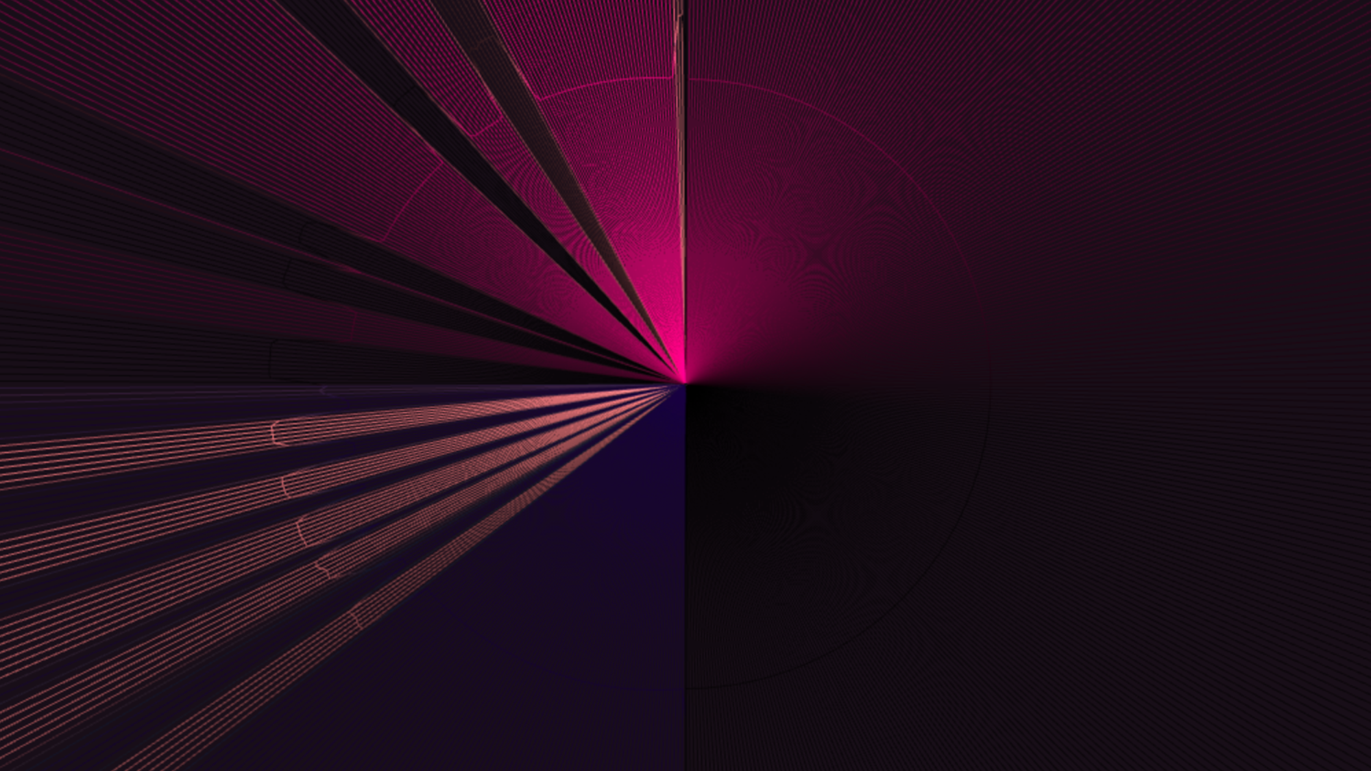 A radial design on a dark purple background. Bright magenta and purple beams radiate outward from the center, creating a sense of depth and symmetry. Fine lines and gradients enhance the texture, making the image visually striking and abstract.