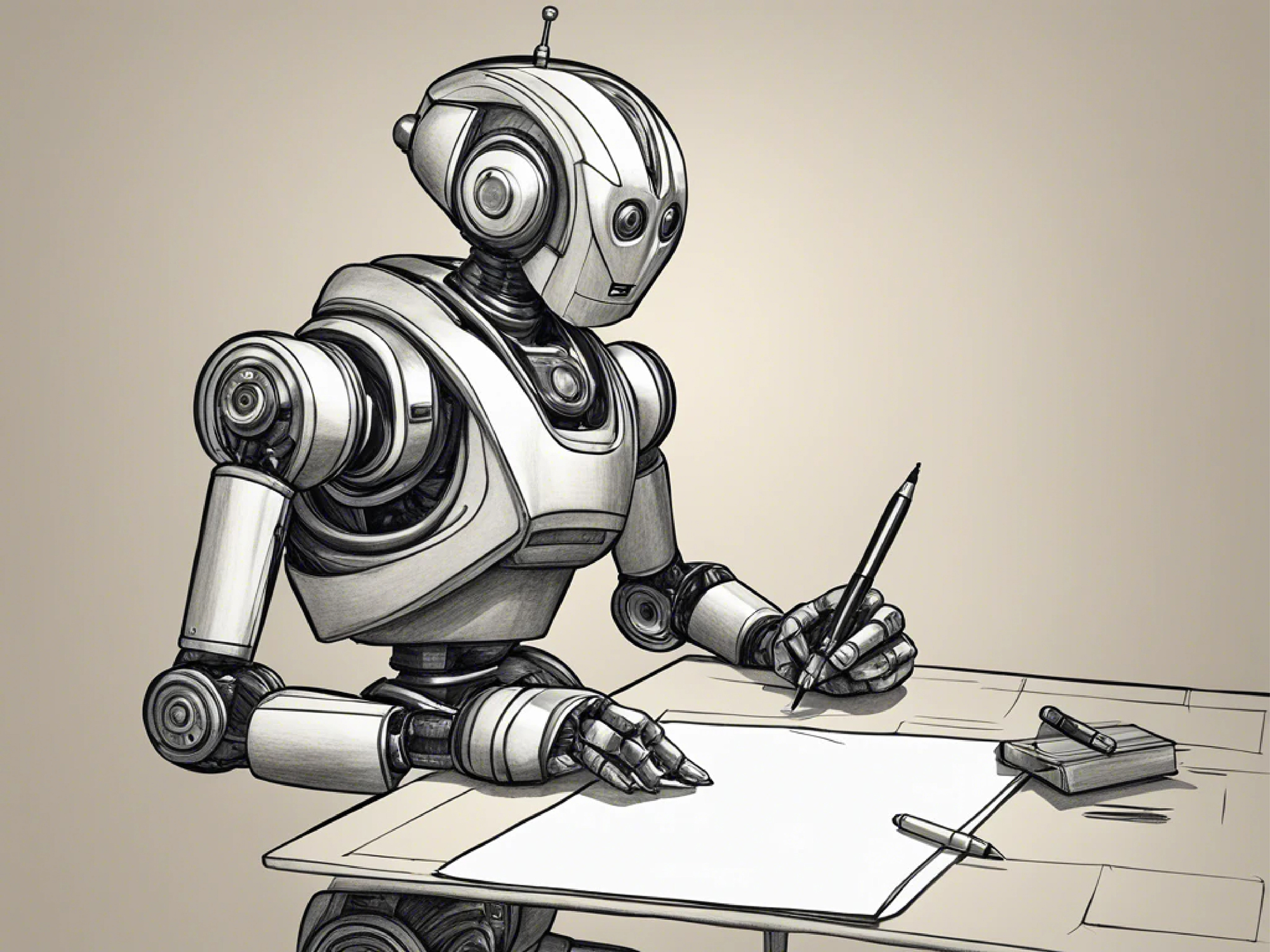Robot with pen in hand drawing another robot