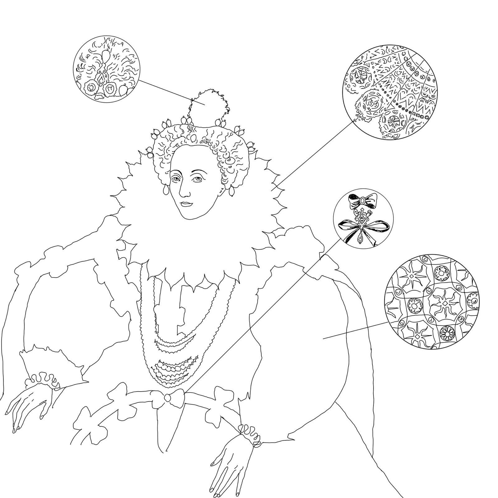Line-Art eines Herrschaftsportraits zum Aufzeigen der unterschiedlichen Muster der Kleidung.
