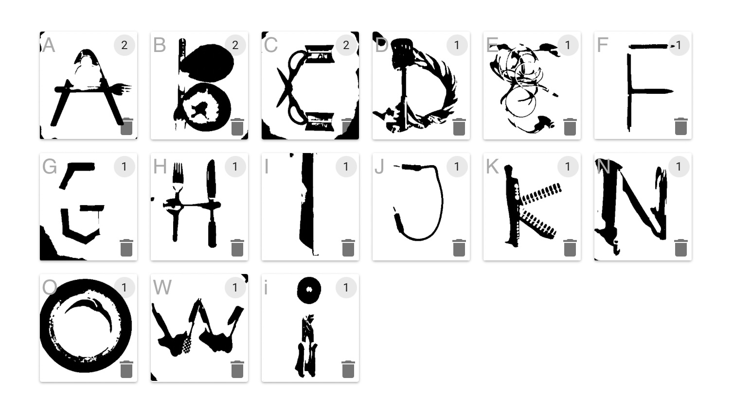 Zu sehen ist die Font, die anhand der hochgeladen Bilder, von dem
Programm erstellt wurde. Es ist keine gleichmäßige Schift, alle Buchstaben sind
sehr individuell.