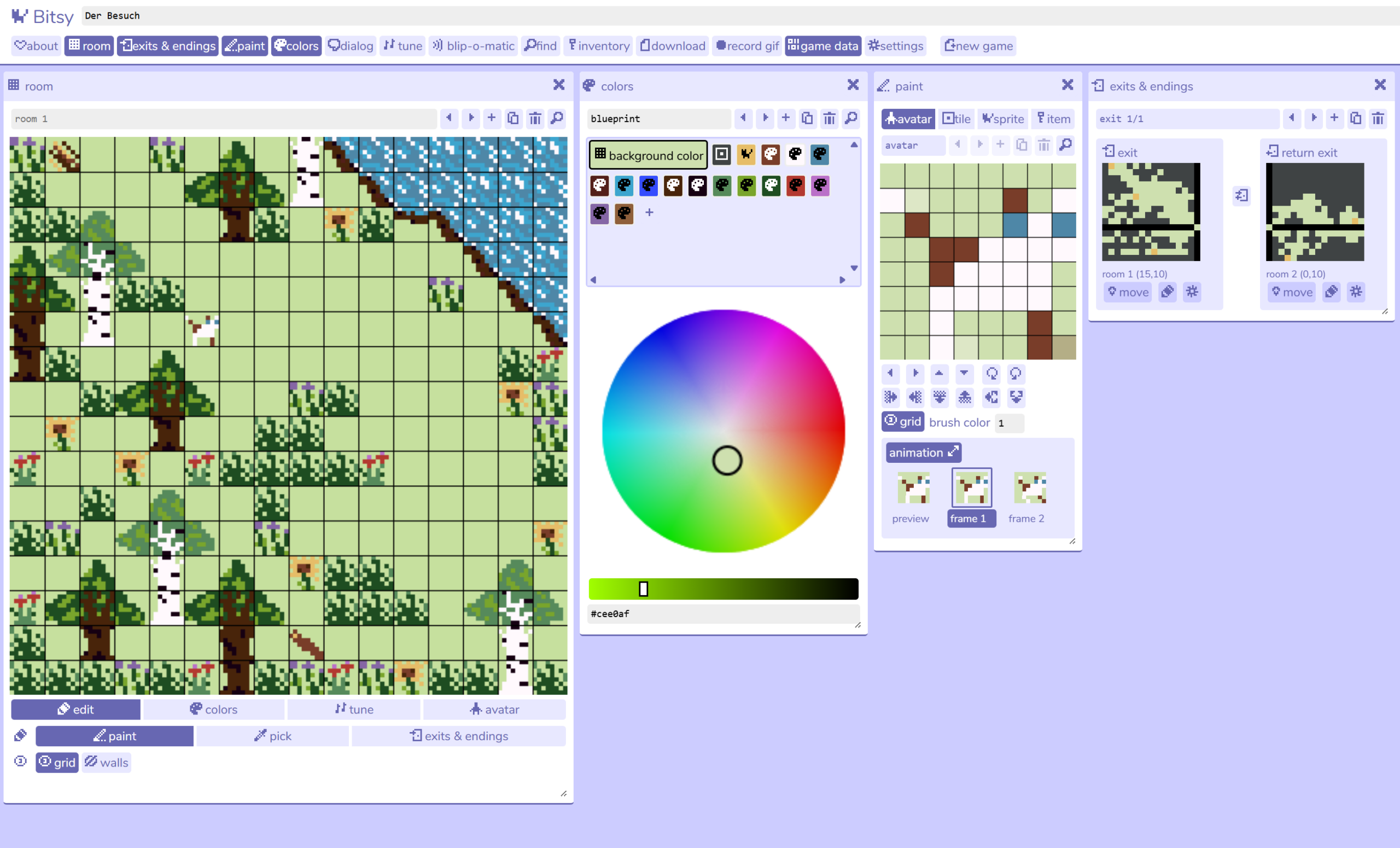 Das Bild zeigt die Arbeitsfläche der Web-Application Bitsy-Color. Von links nach rechts sind die folgenden Tools abgebildet. Das größte Fenster zeigt die Arbeitsfläche des Tools 