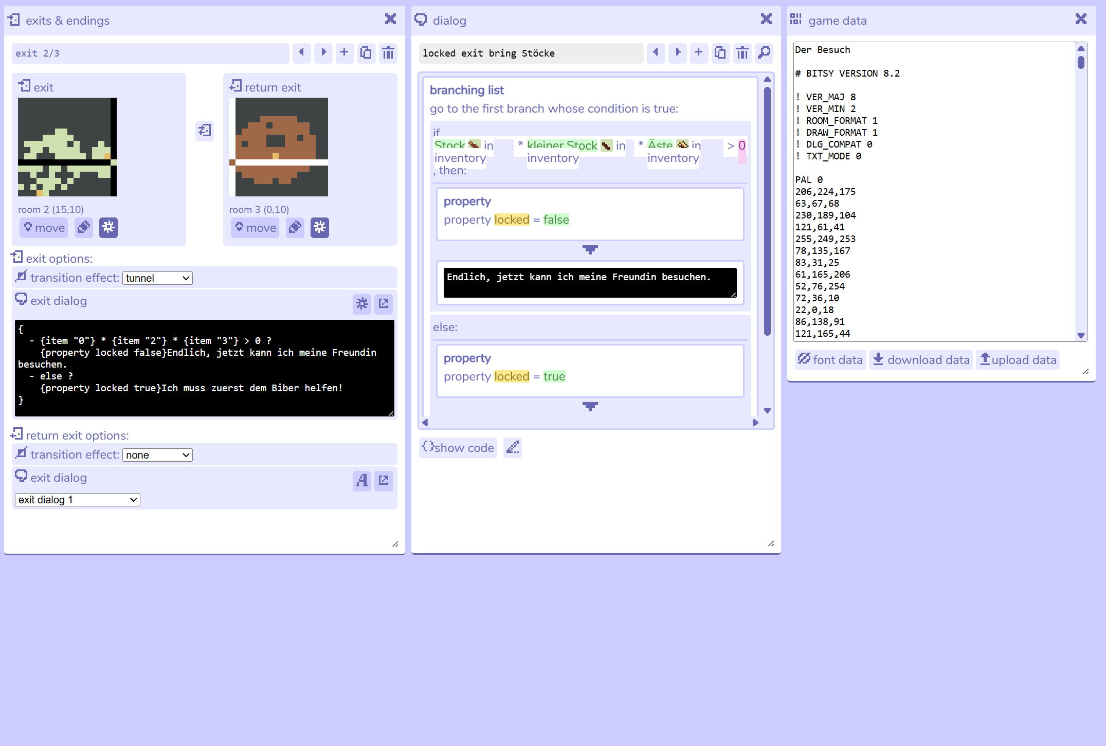 Das Bild zeigt die Arbeitsfläche der Web-Application Bitsy-Color. Von links nach rechts sind die folgenden Tools abgebildet. Das Fenster mit dem Tool 