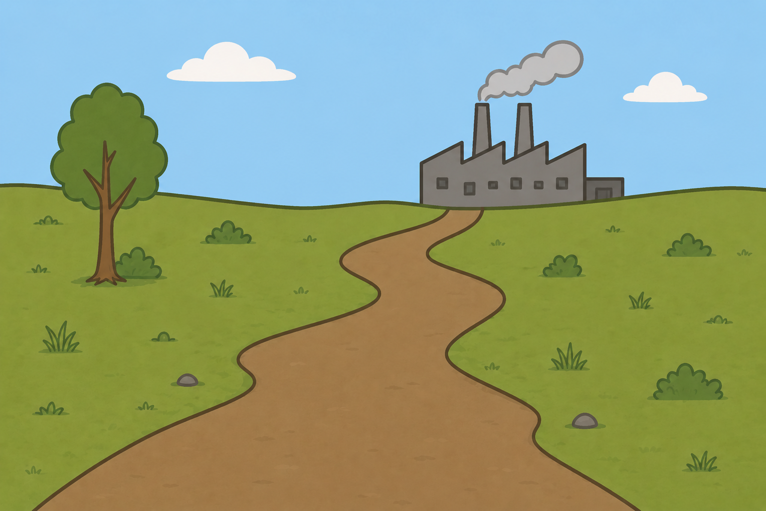 Der Wasserlauf ist breiter und von grünem Gras umgeben. Auf den Hügeln wachsen zahlreiche Büsche, und die Bäume tragen wieder Blätter. Die Landschaft wirkt deutlich lebendiger und vielfältiger.