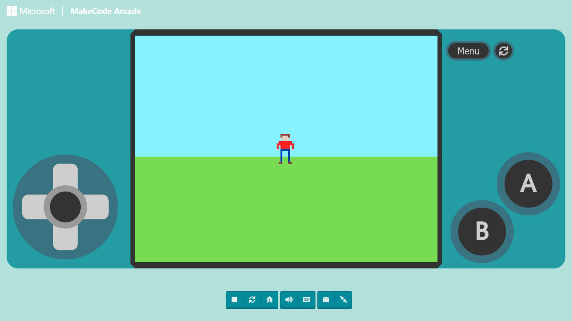 Das Bild zeigt einen Videospielemulator. In der Mitte ist das fertige Videospiel abgebildet.